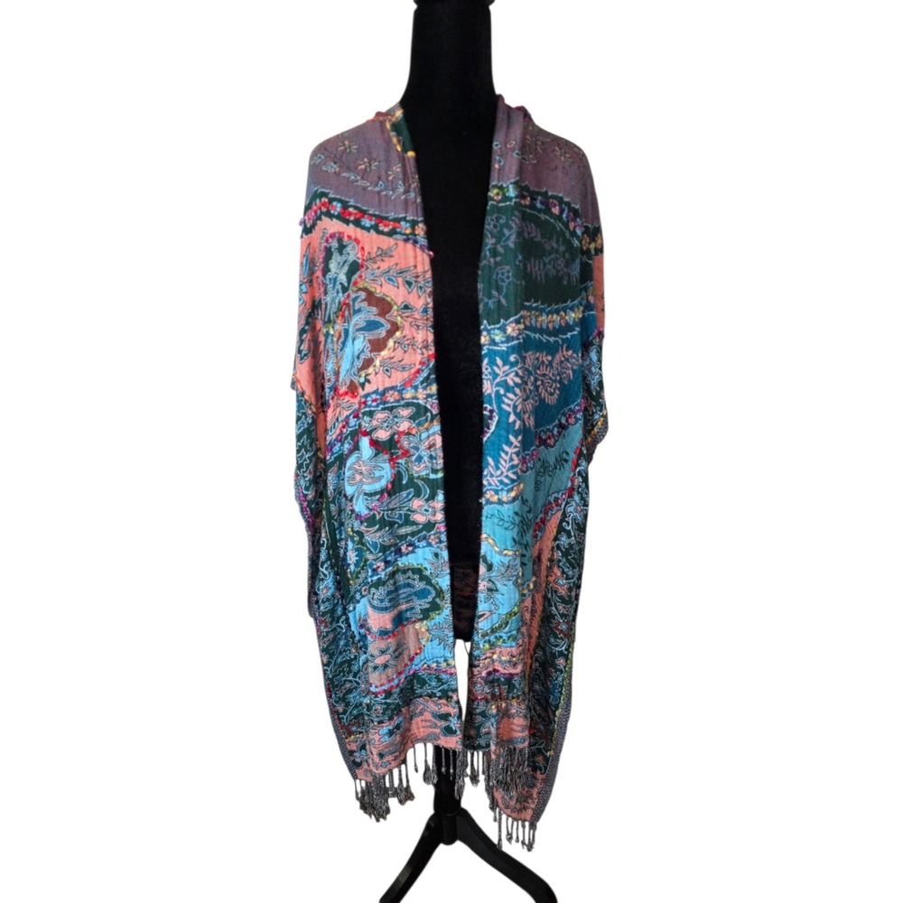 Soft Surroundings Womens Paisley Kimono One Size Boho Fringe Ruana Wrap